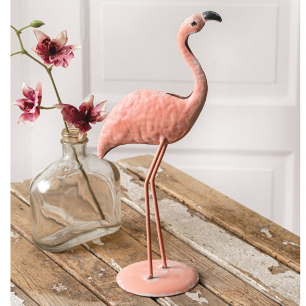 Tabletop Antiqued Tin Pink Flamingo